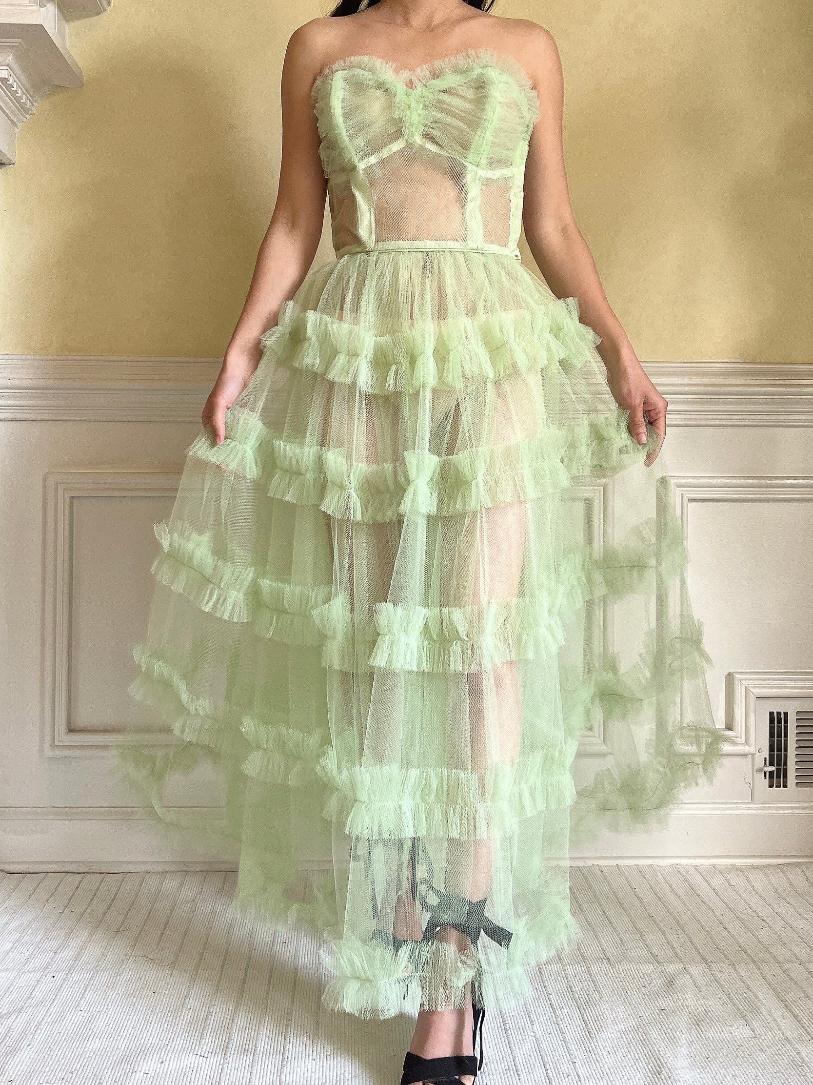 1950s Citrus Green Sheer Tulle Dress - XS
