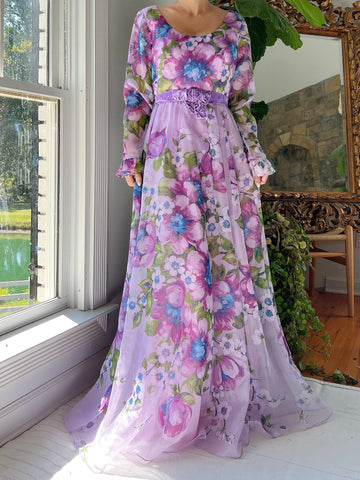 Vintage Nylon Chiffon Floral Dress - S