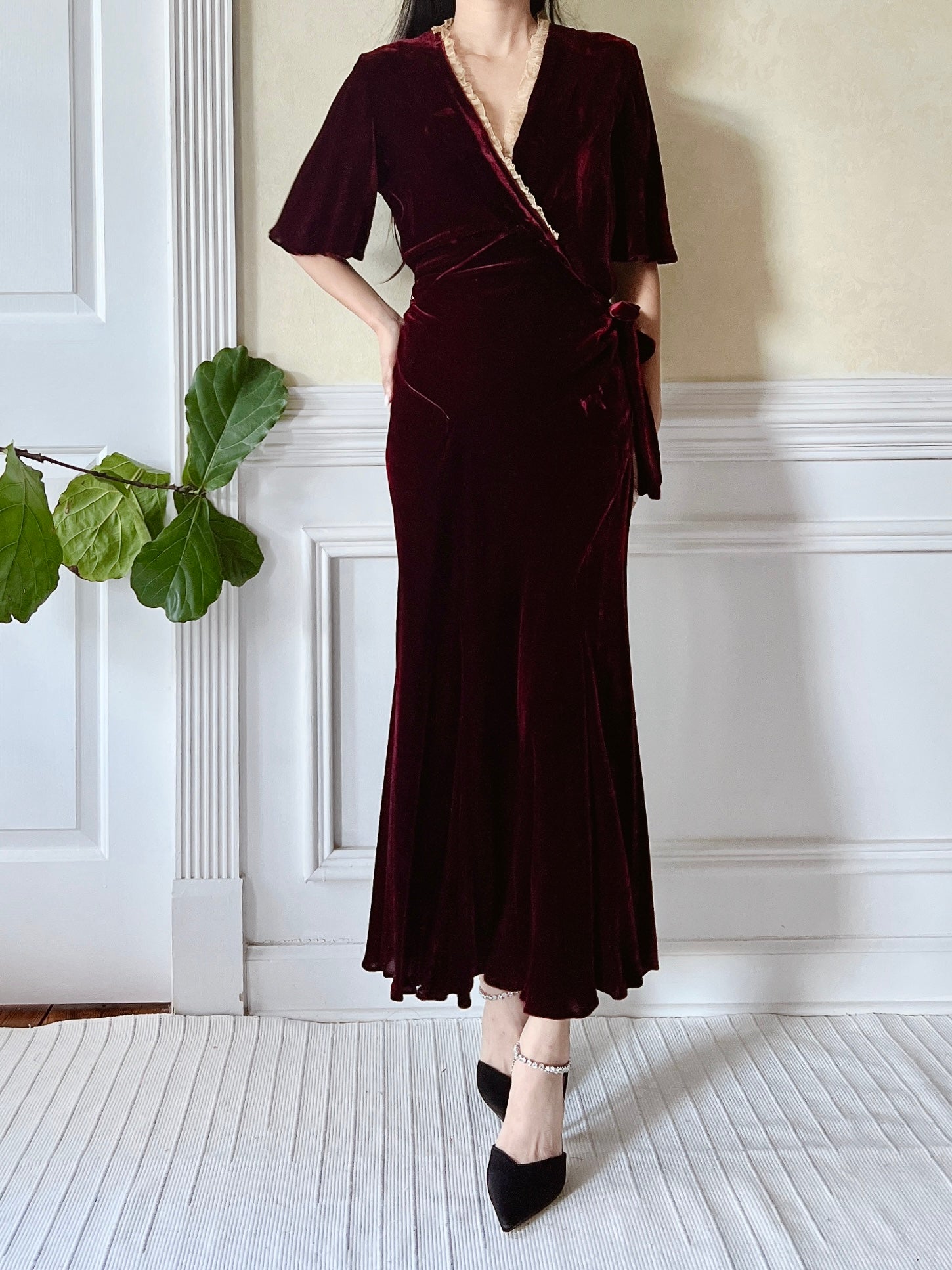 1930s Ruby Silk Velvet Dress - S