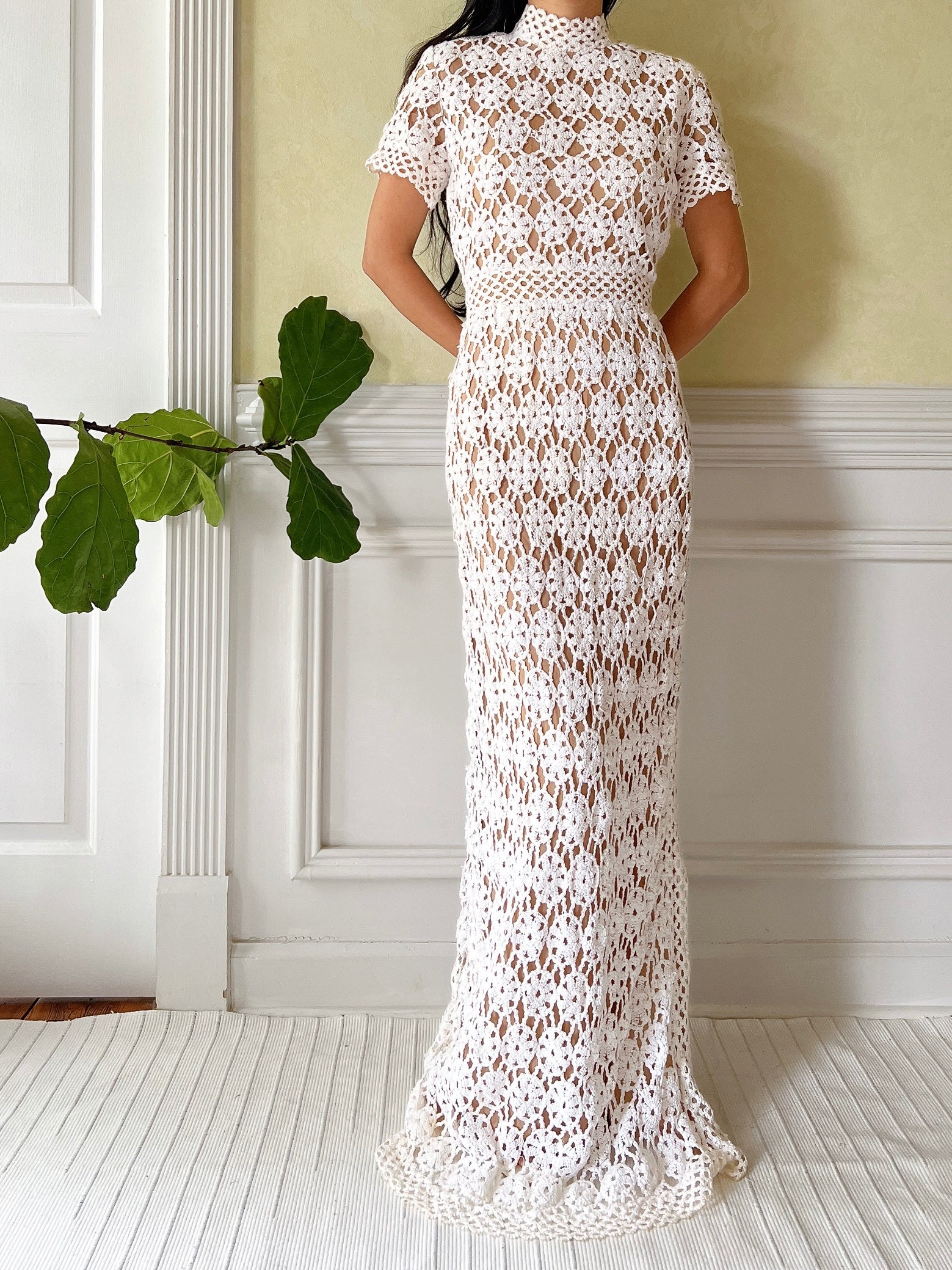 1960s Nude and White Crochet Gown  - S
