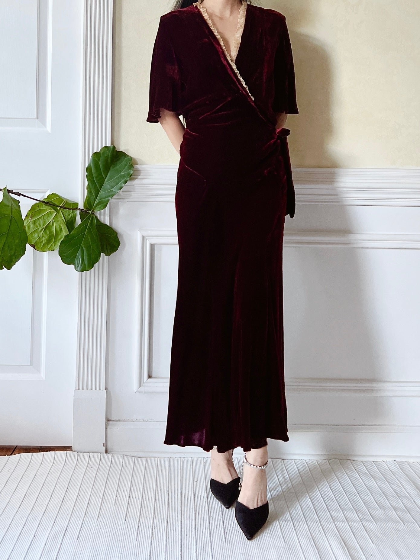 1930s Ruby Silk Velvet Dress - S