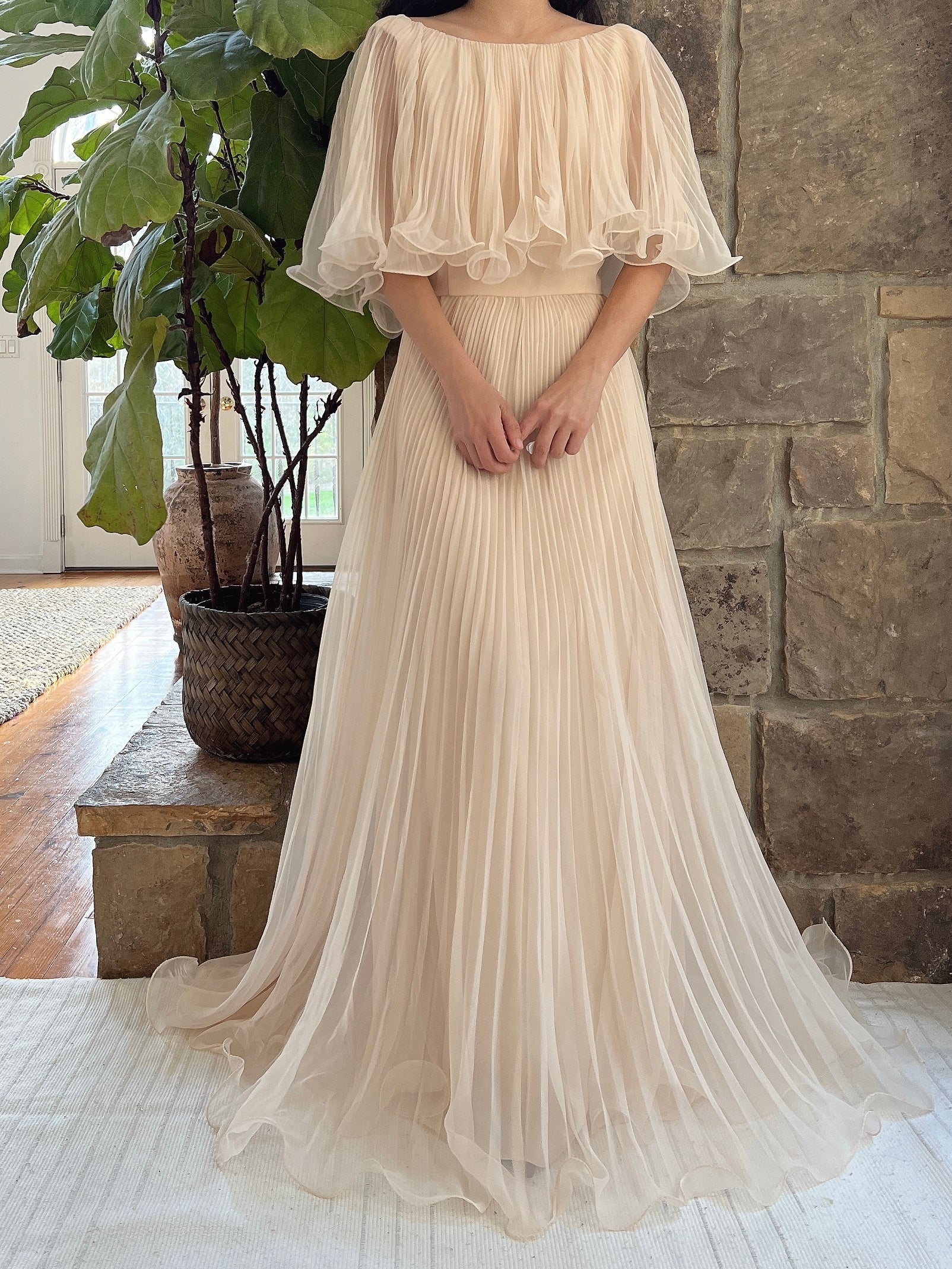 1960s Almond Pleated Chiffon Dress - S | G O S S A M E R 1960s Almond Pleated Chiffon Dress - S | G O S S A M E R