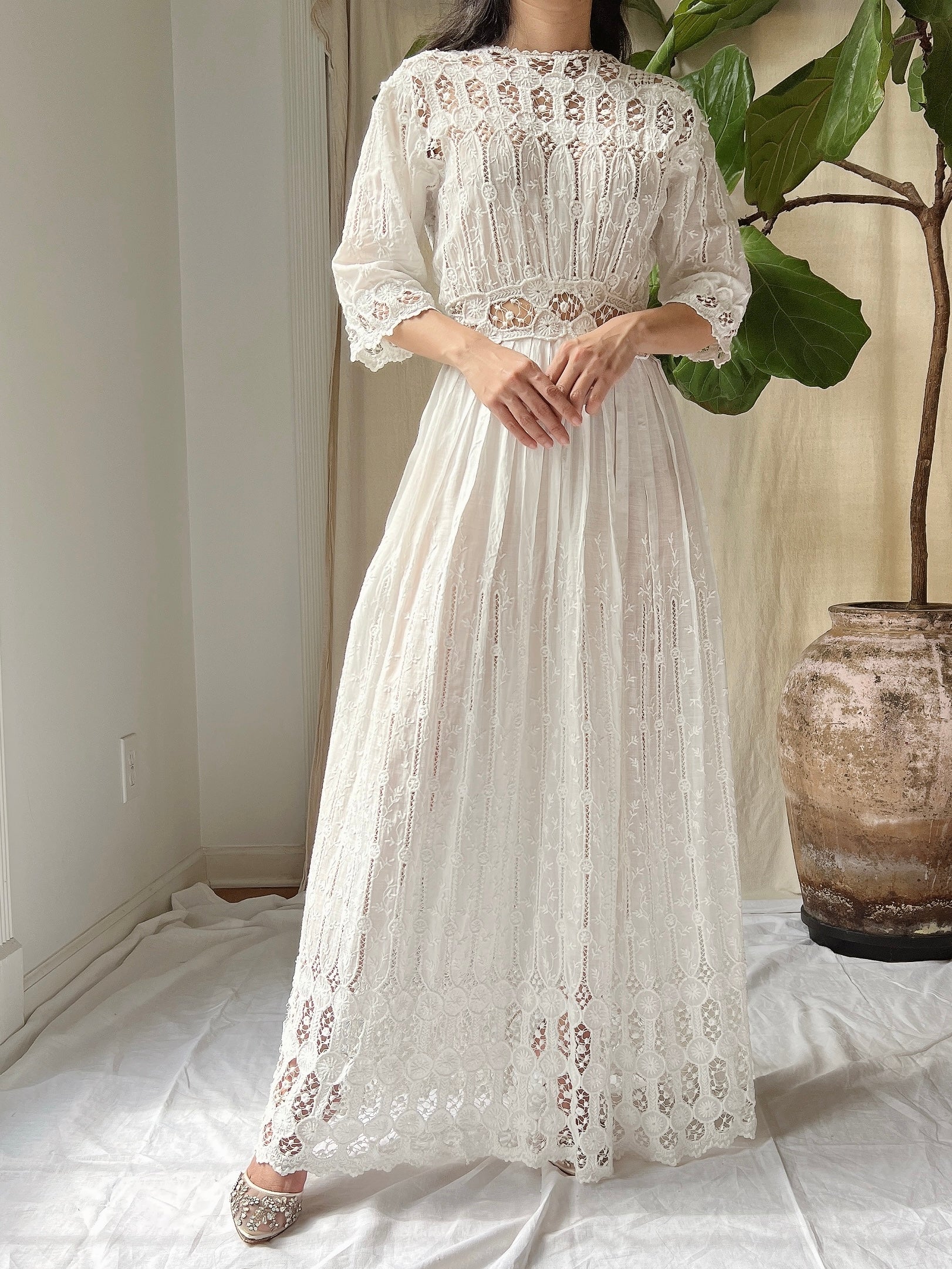 Antique Cotton Embroidered Dress - S