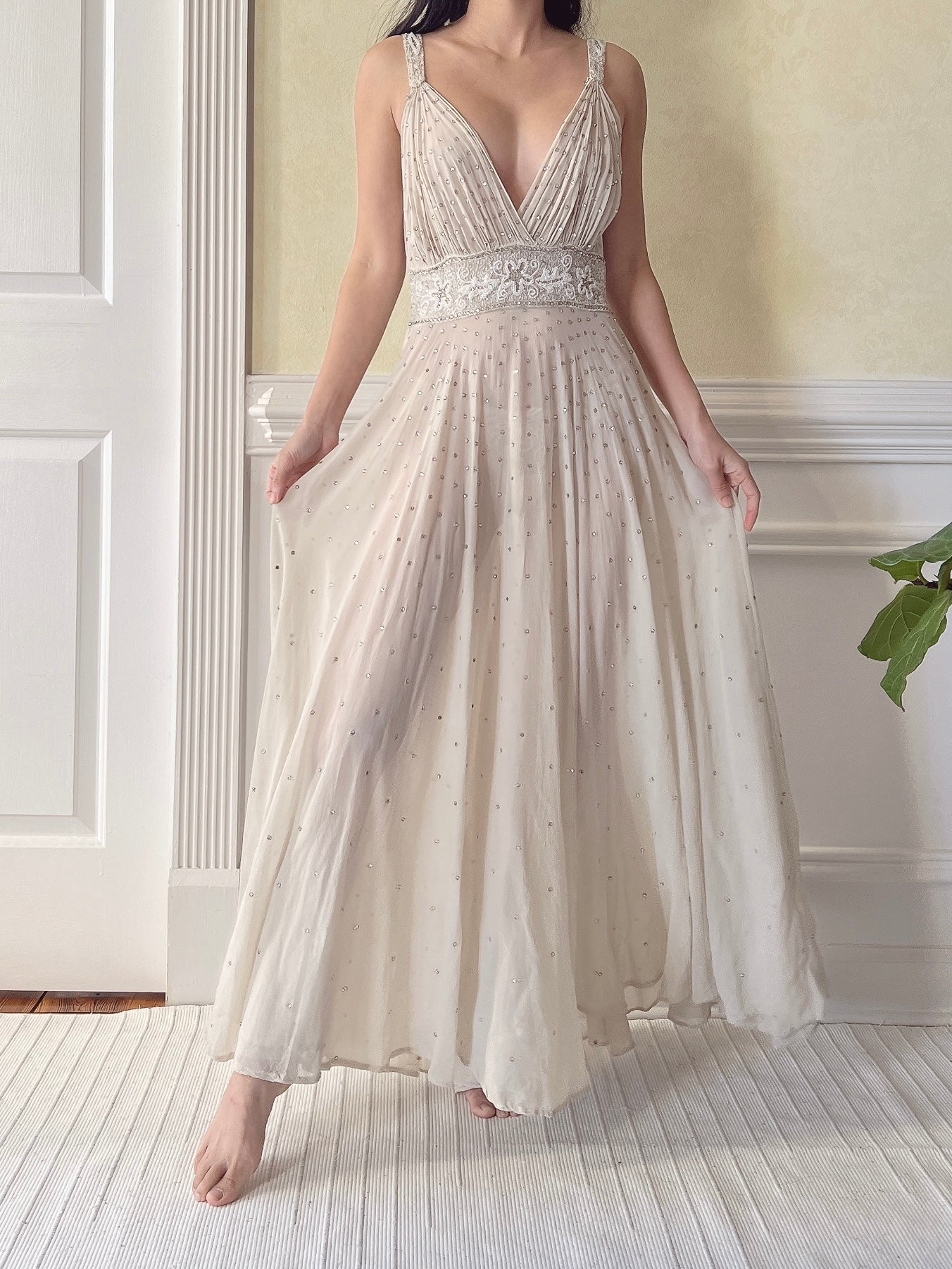 1930s Silk Crystal Embellished Dress - S