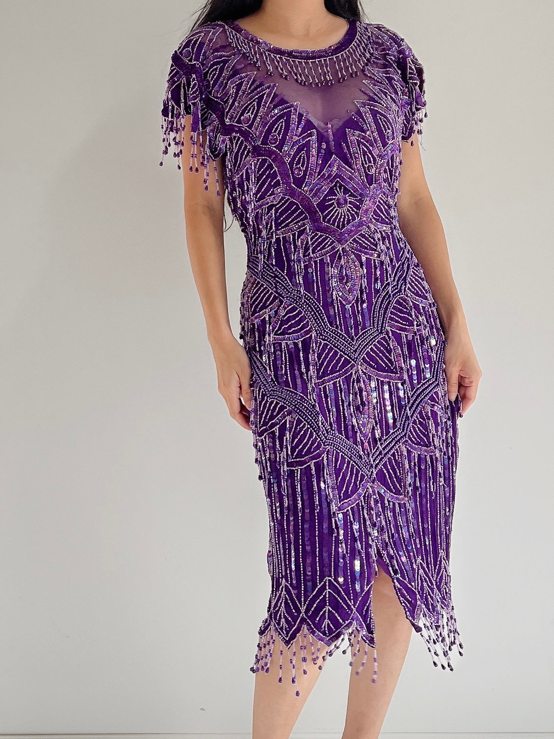 1980s Purple Silk Beaded Fringe Dress - S/M