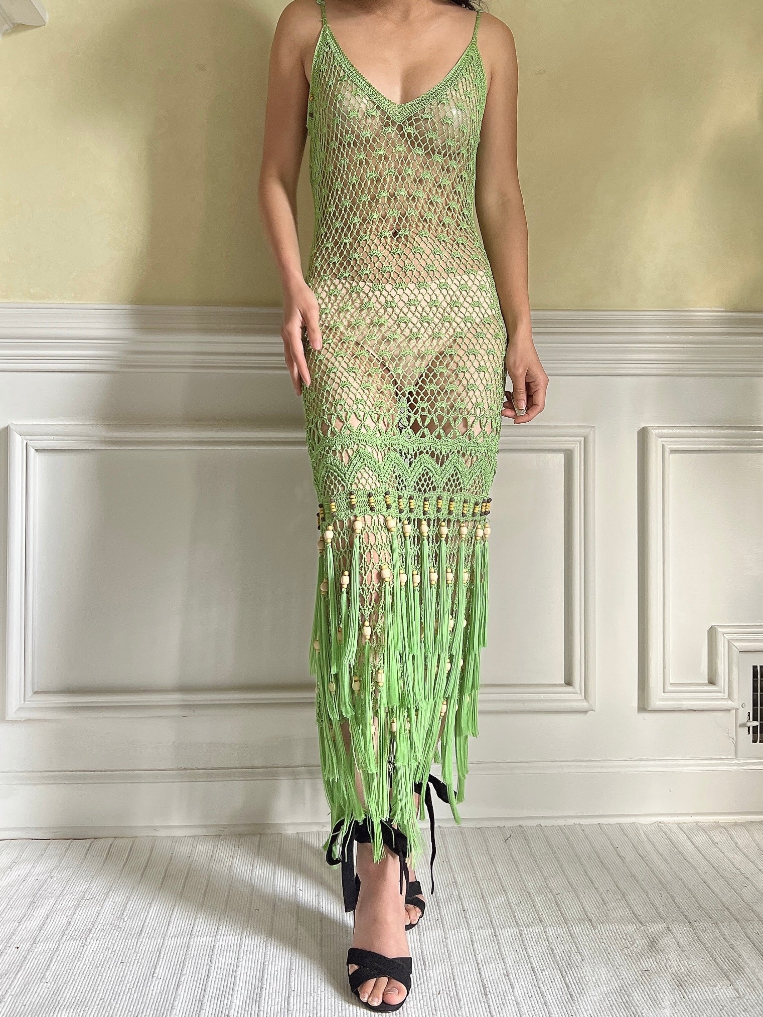 Vintage Light Green Fringe Crochet Dress - S-M