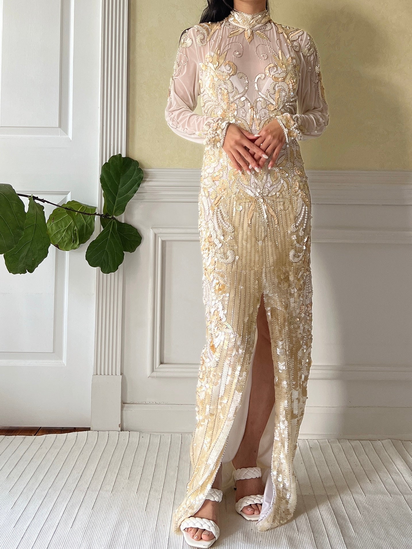 1980s Ivory and Gold Net Beaded Gown - M