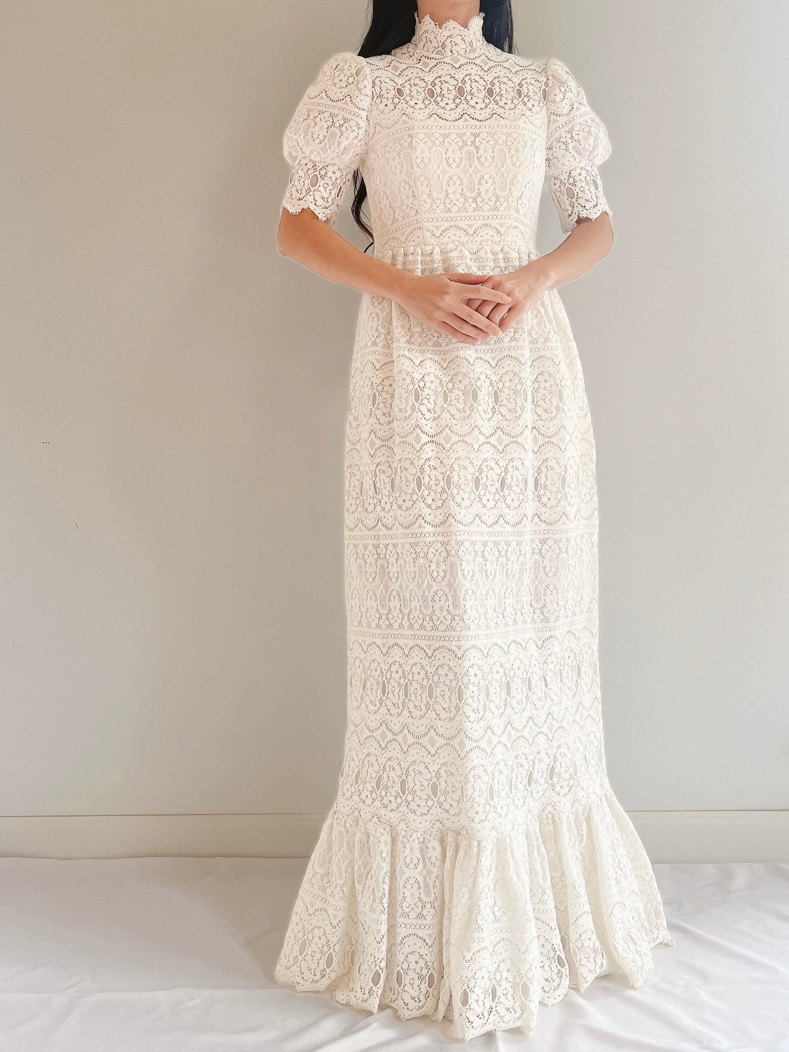 Vintage Puff Sleeve Lace Dress - XS