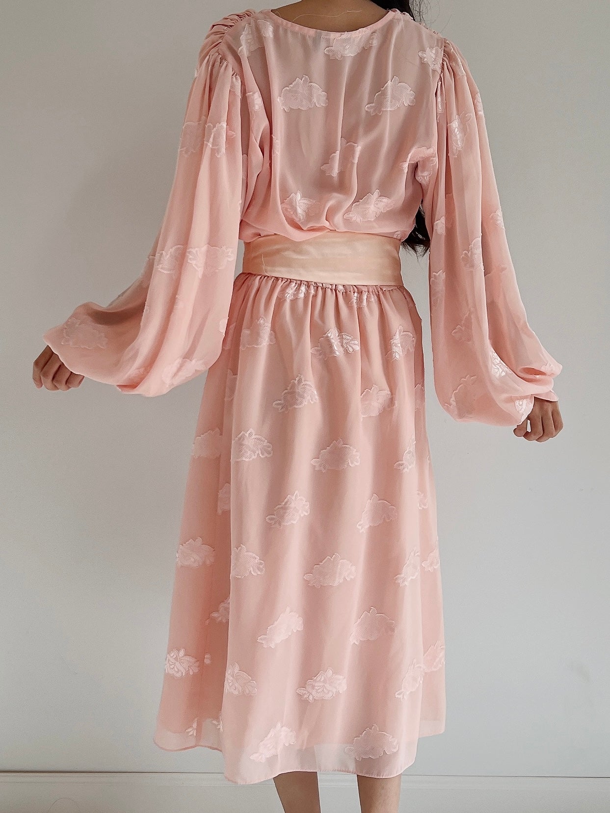 1980s Pink Puffed Sleeves Faux Wrap Dress - M