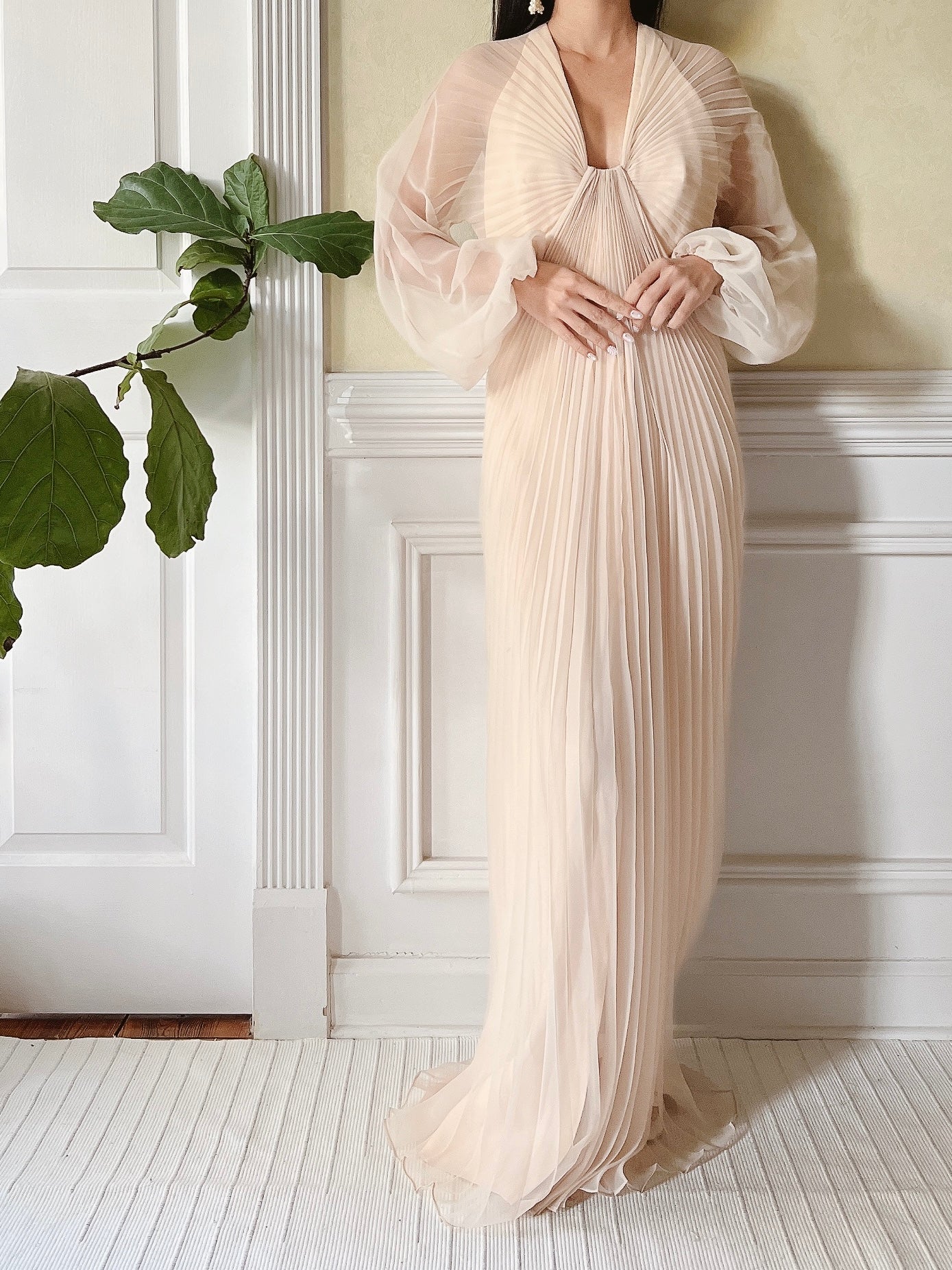 Vintage Eggshell Pleated Chiffon Dress