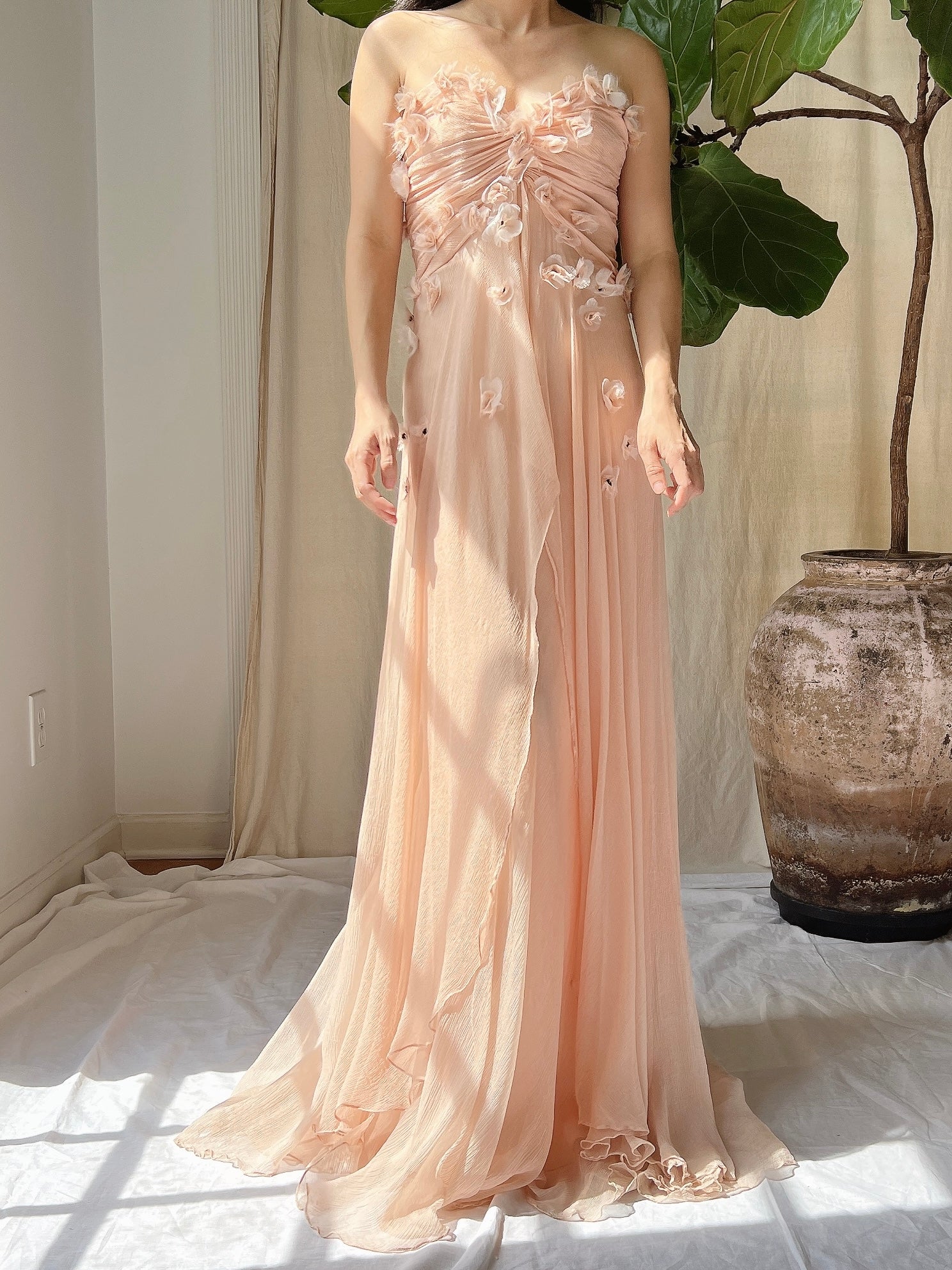 Vintage Peach Silk Floral Dress - S