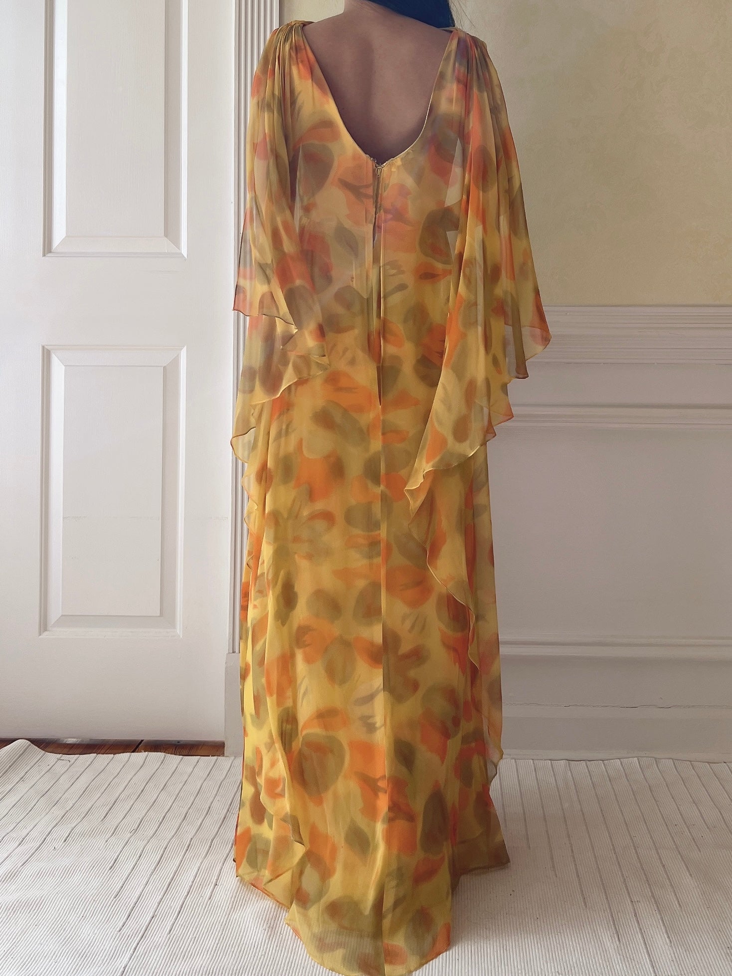 1960s Silk Chiffon Cape Gown - M
