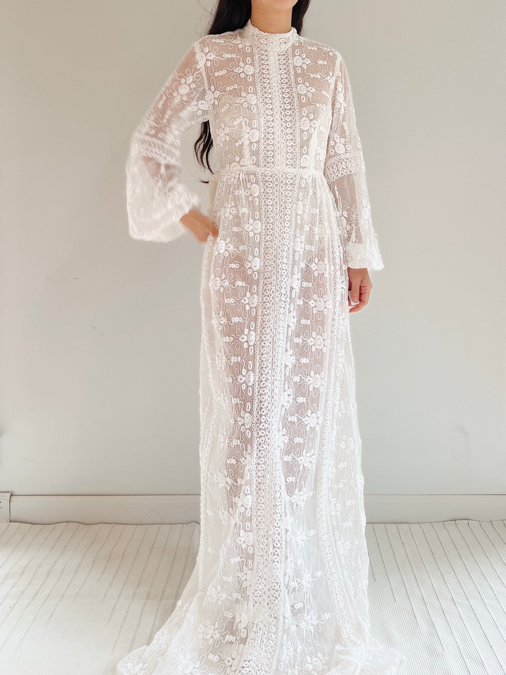 1970s High Neck Puff Sleeves Embroidered Dress - S/M | G O S S A M E R 1970s High Neck Puff Sleeves Embroidered Dress - S/M | G O S S A M E R