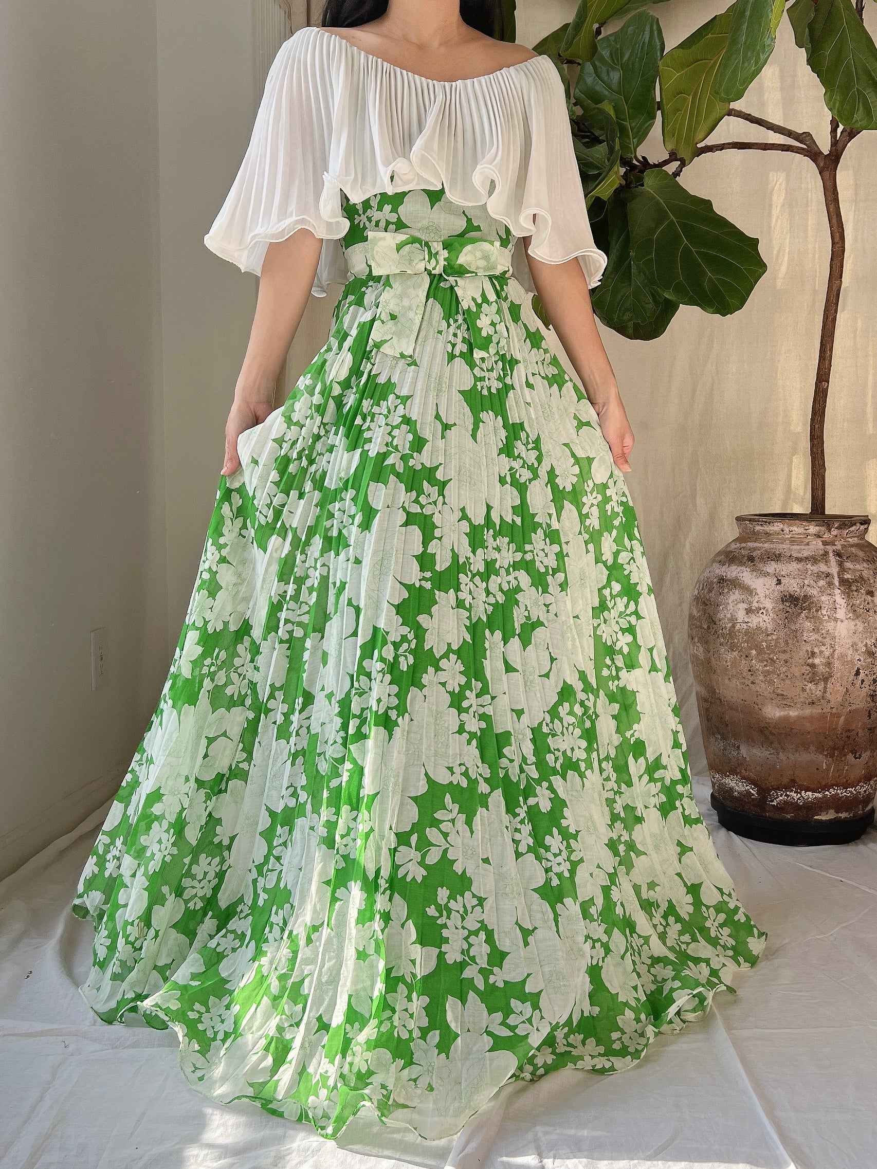 Vintage Cotton Pleated Dress - S