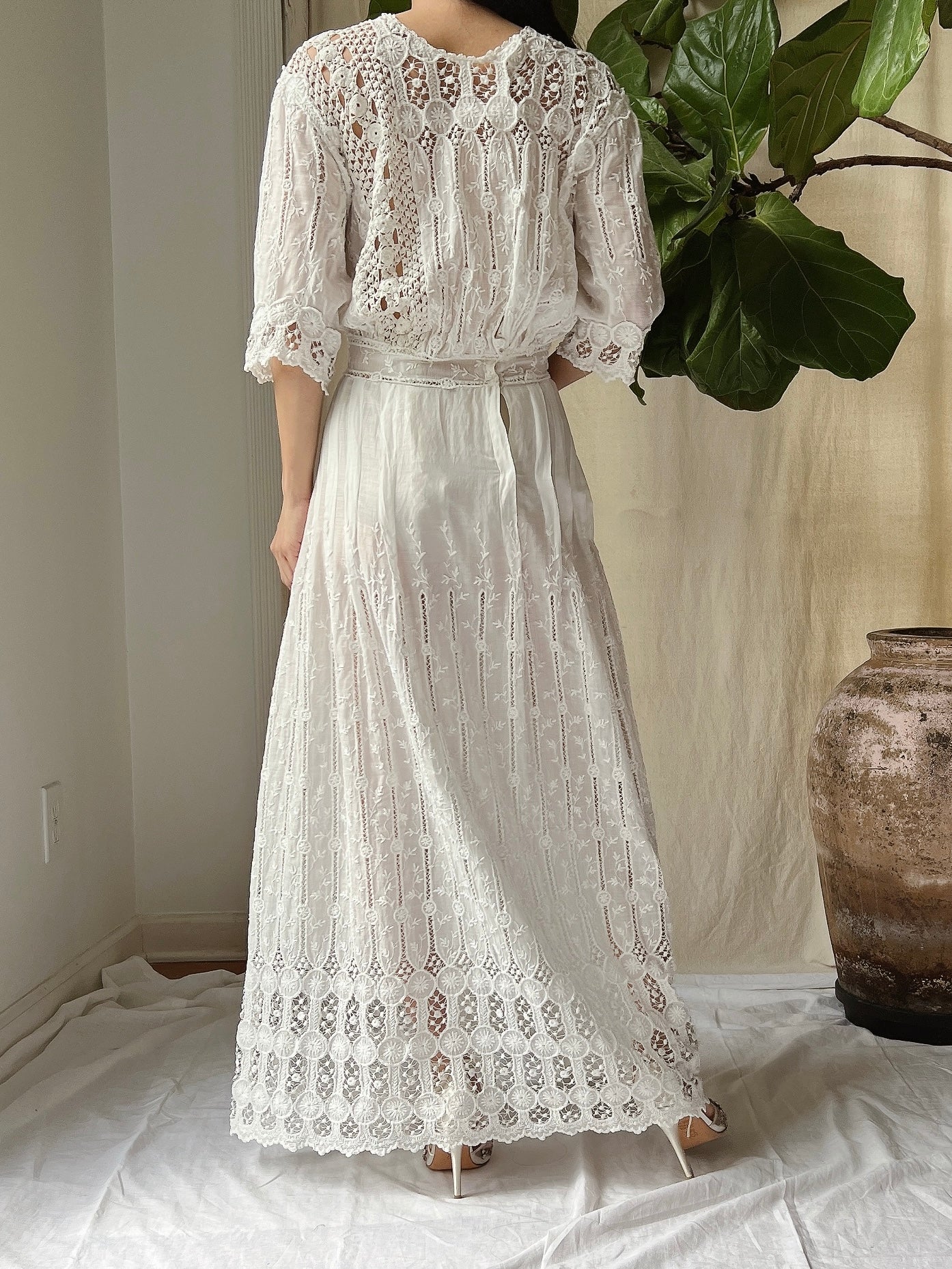 Antique Cotton Embroidered Dress - S