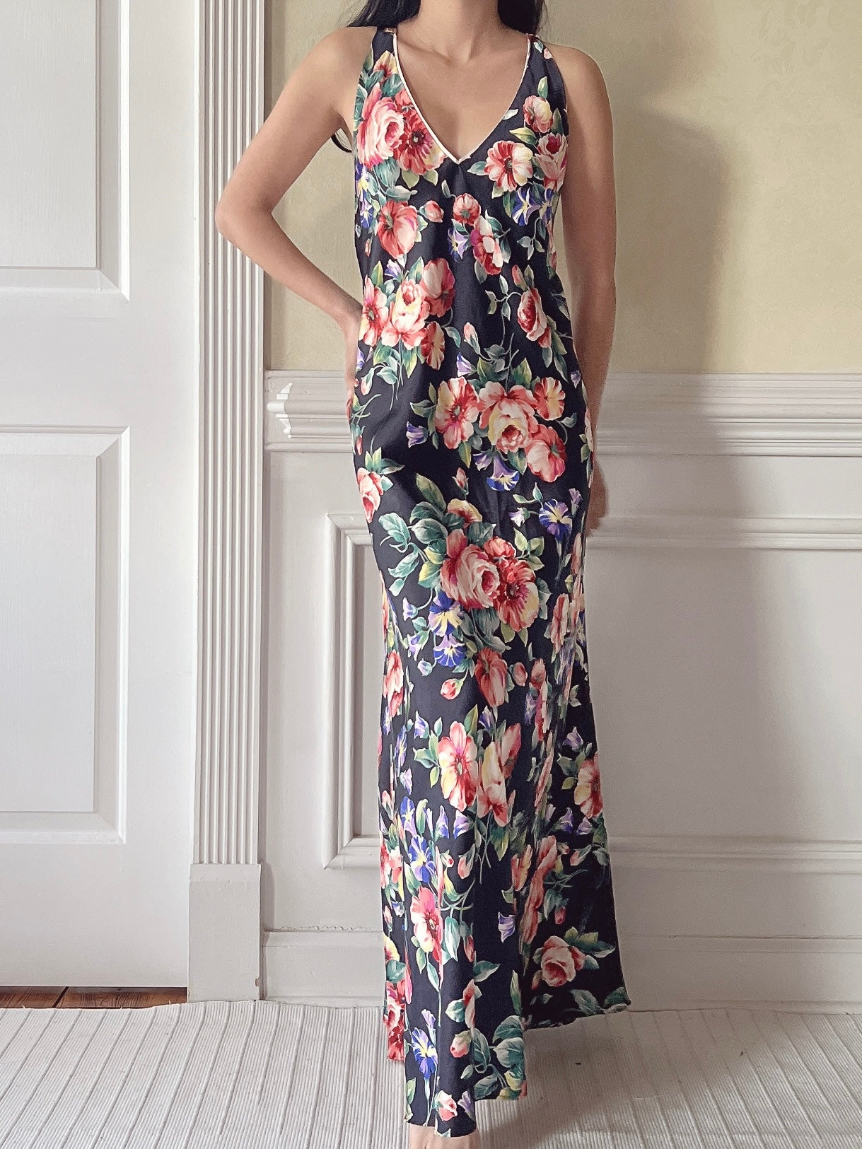 Vintage Satin Floral Slip Dress - M