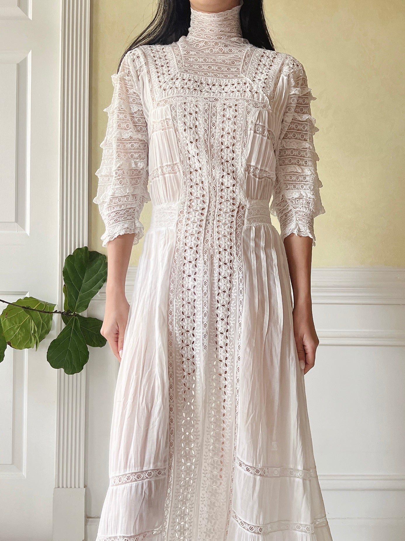 Victorian Cotton Lace and Embroidered Dress - XS
