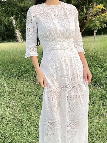 Antique Embroidered Cotton Lawn Dress - XS