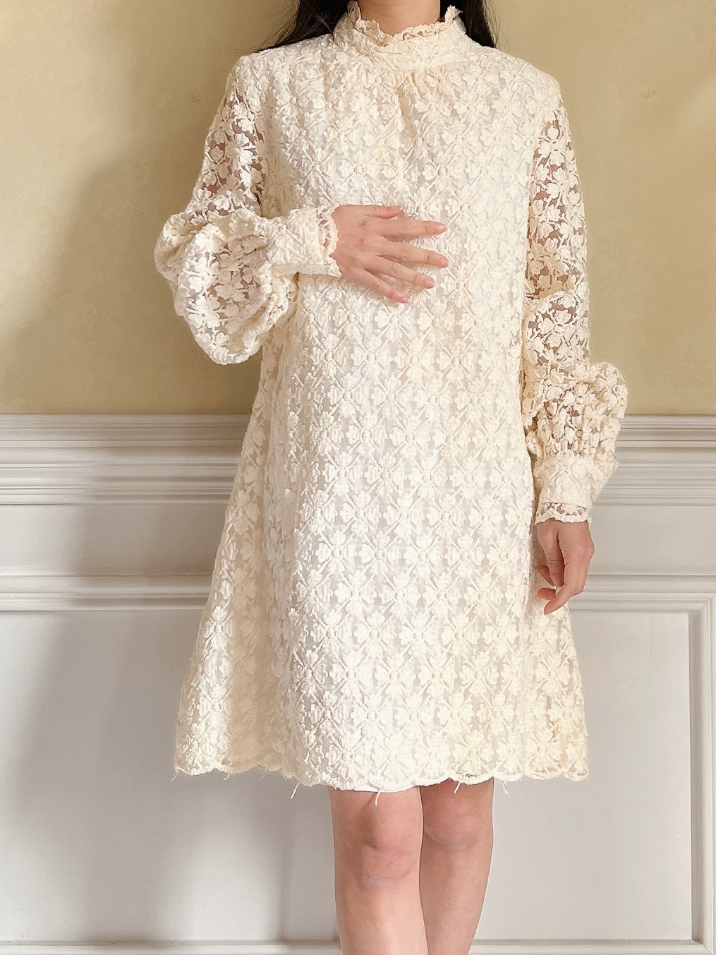 1960s Puff Sleeve Embroidered Dress - M