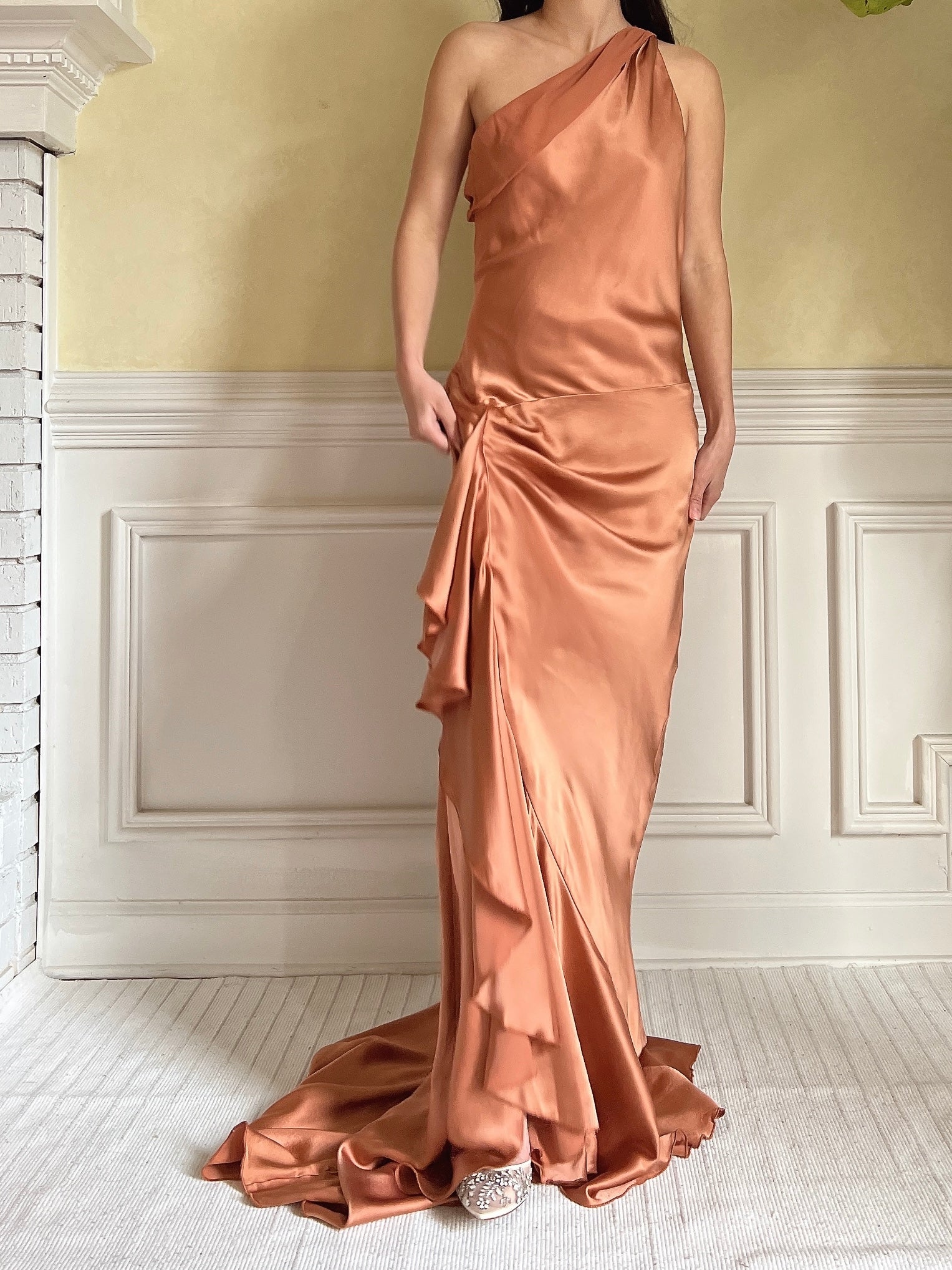 Vintage Rust Silk Charmeuse Ruffled Dress - M