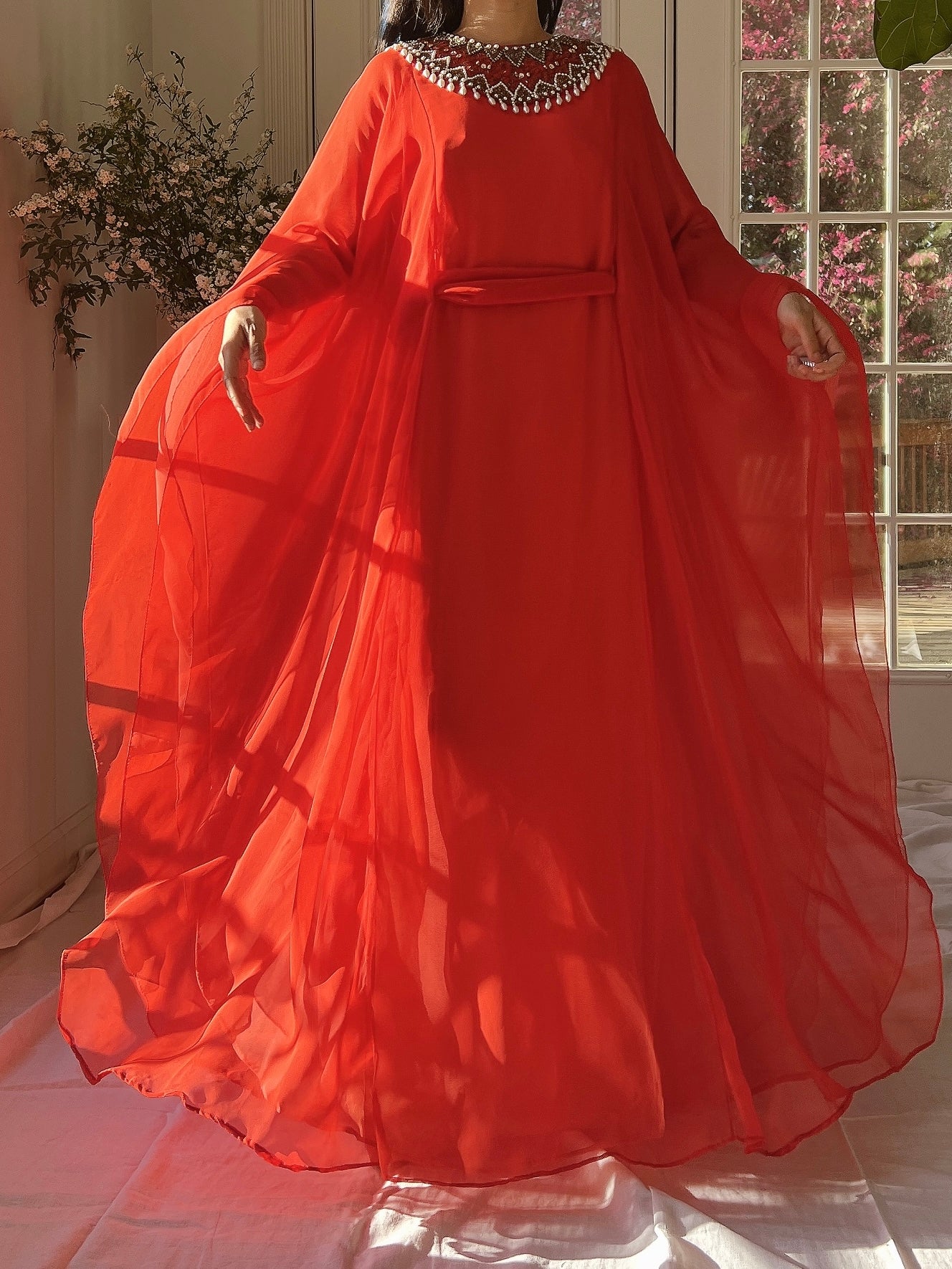 1960s Coral Red Chiffon Kaftan Dress - L