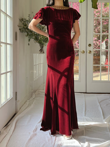 1930s Ruby Silk Velvet Gown with Jacket  - S