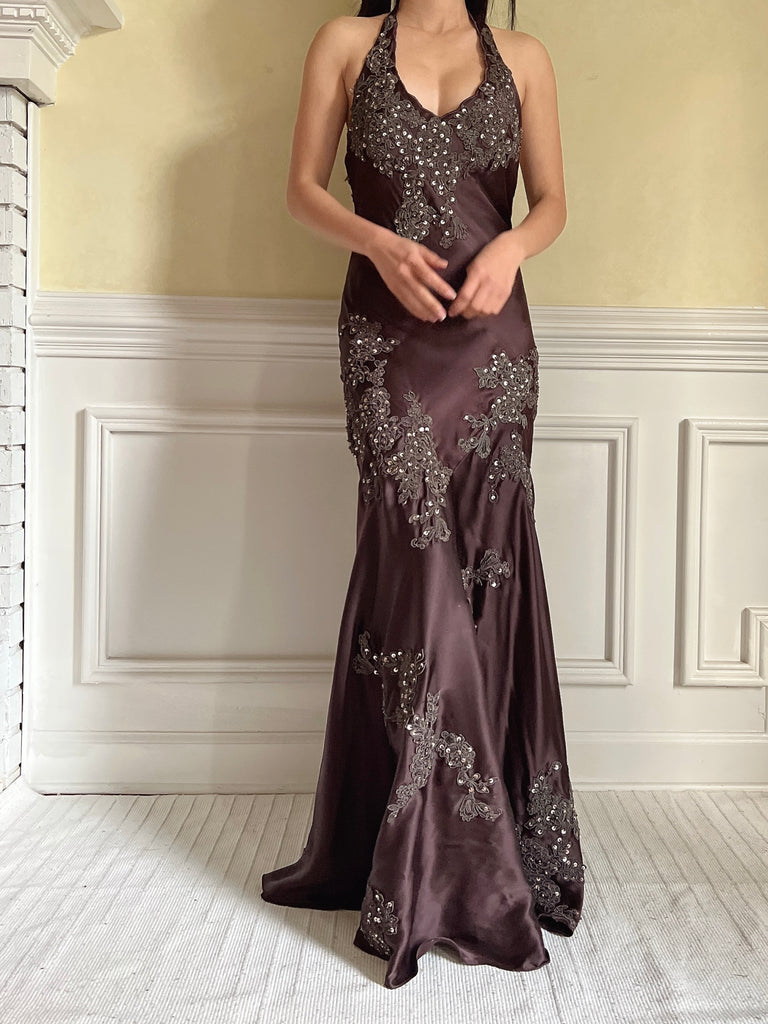Vintage Chocolate Silk Beaded Dress - XS/S