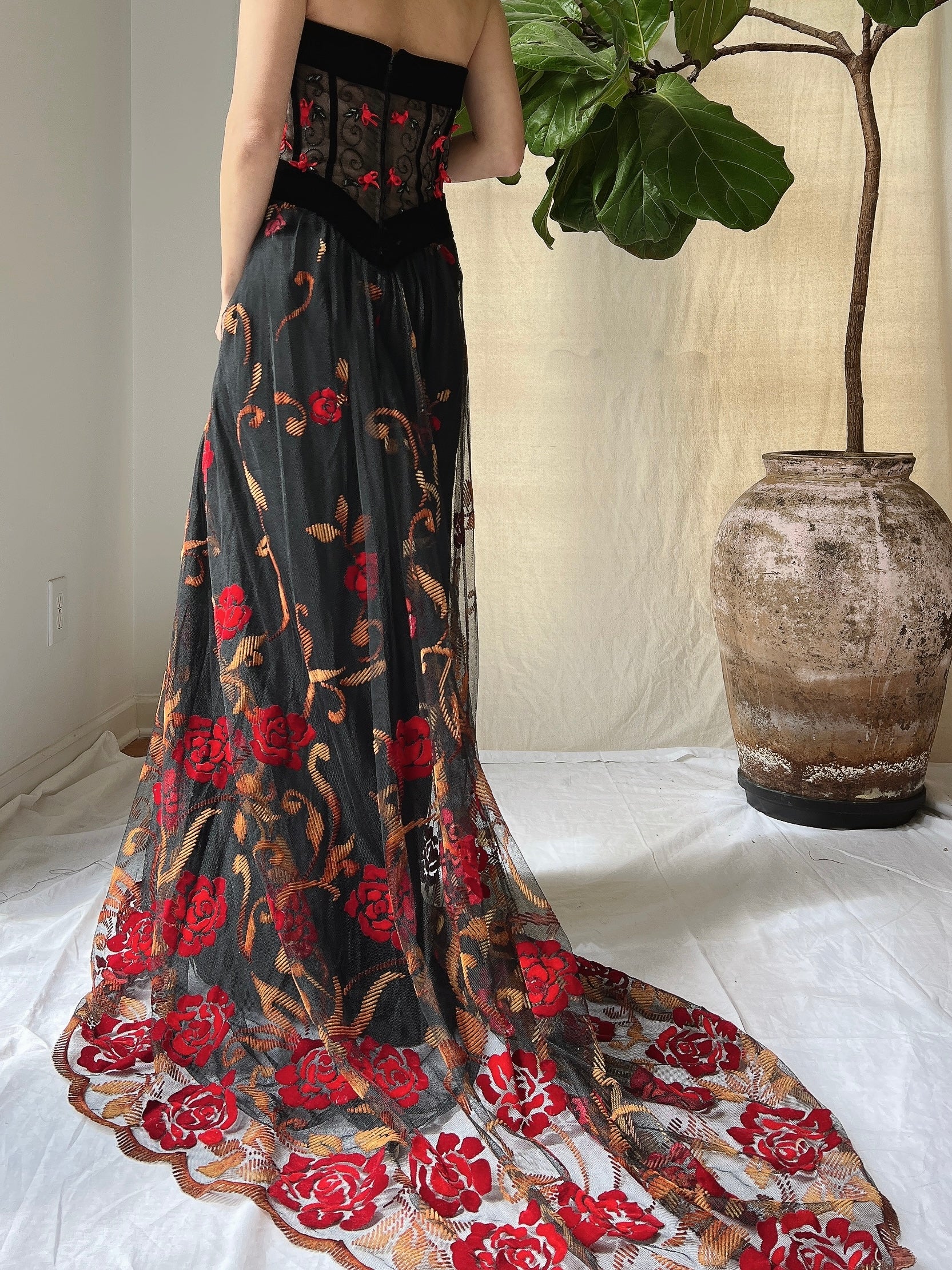 Vintage Floral Strapless Dress - L