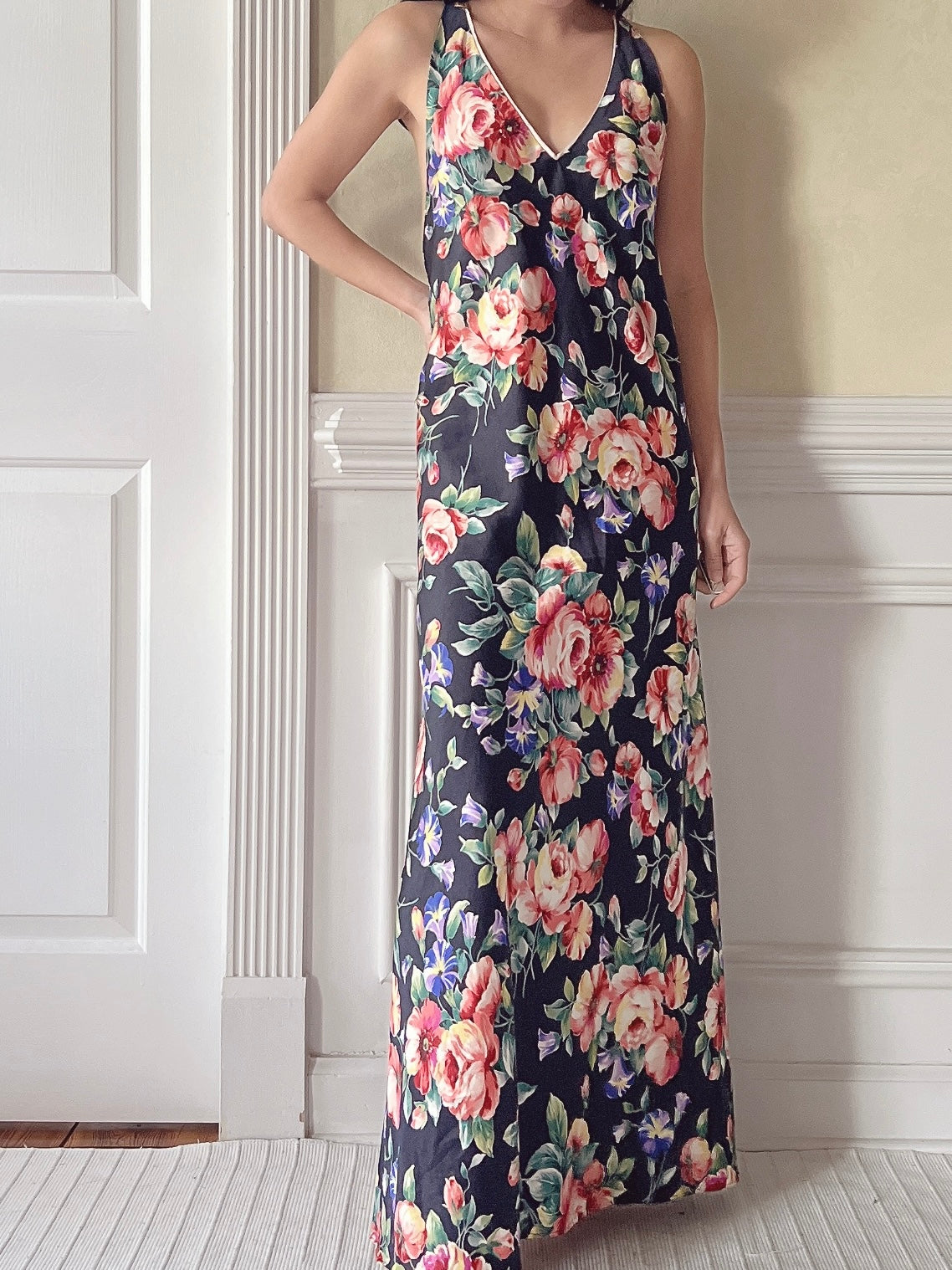 Vintage Satin Floral Slip Dress - M