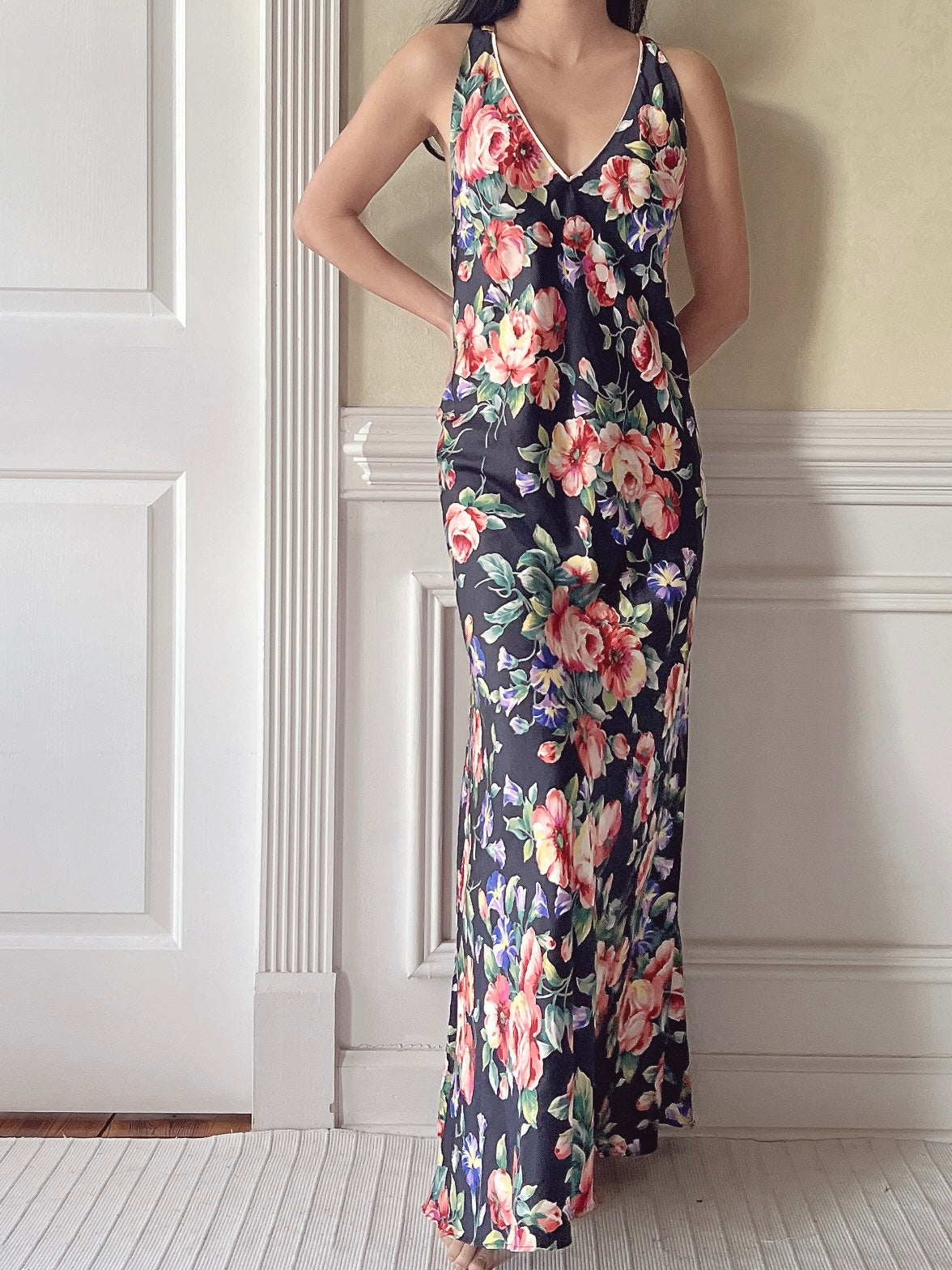 vintage floral slip dress Diamond's Black 90s Long Maxi Polyester Women's M this slim New Vintage Floral Slip Dress