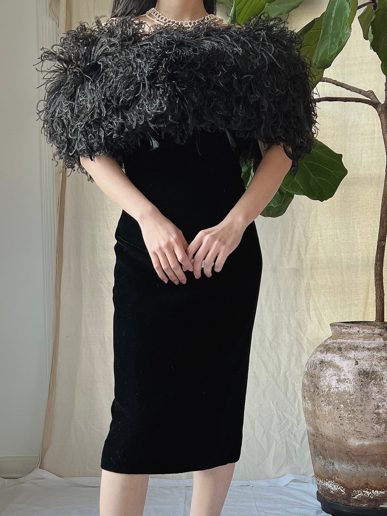 Vintage Ostrich Feather Collar Velvet Dress - XS