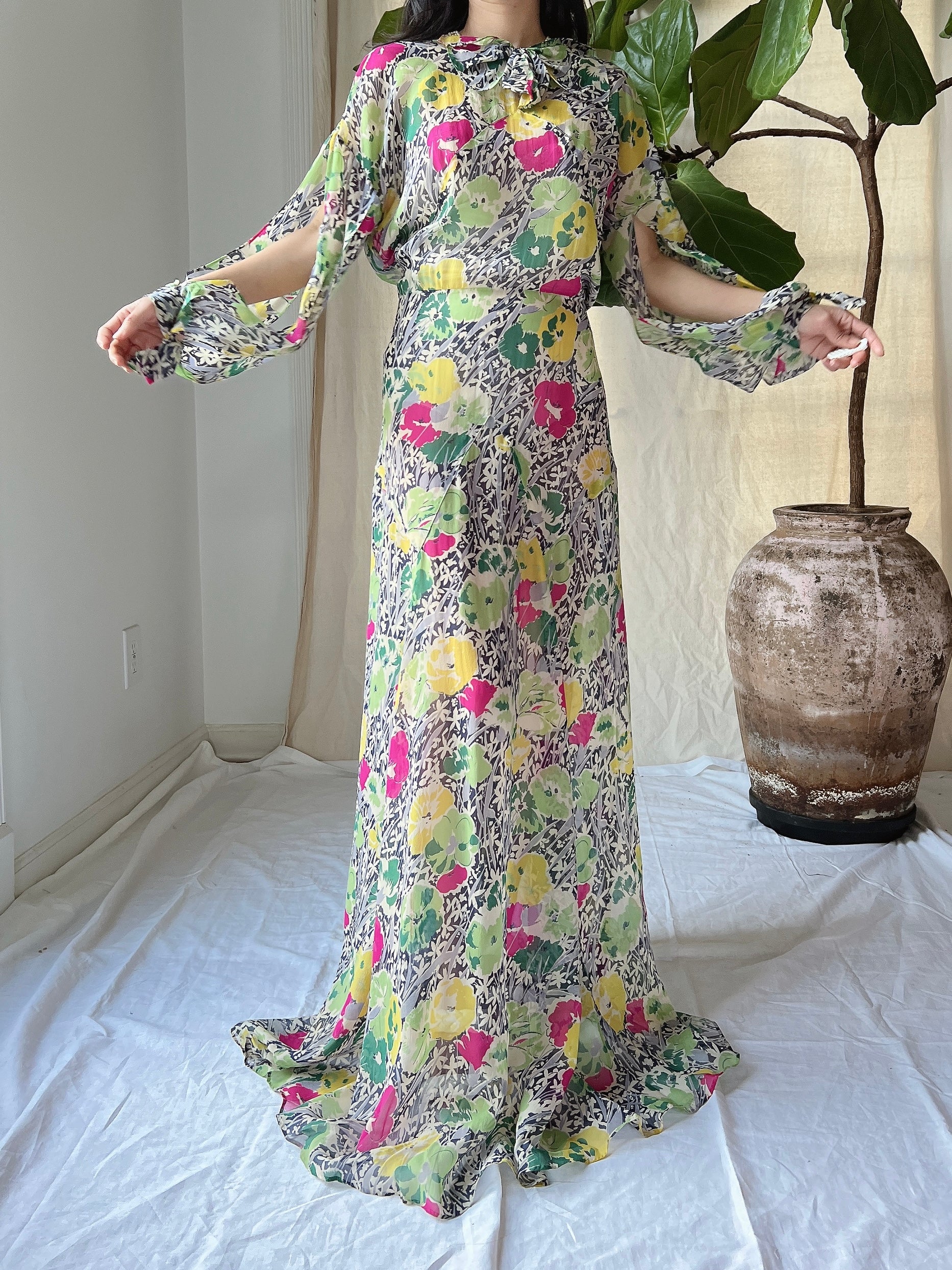 1930s Silk Chiffon Floral Gown - M