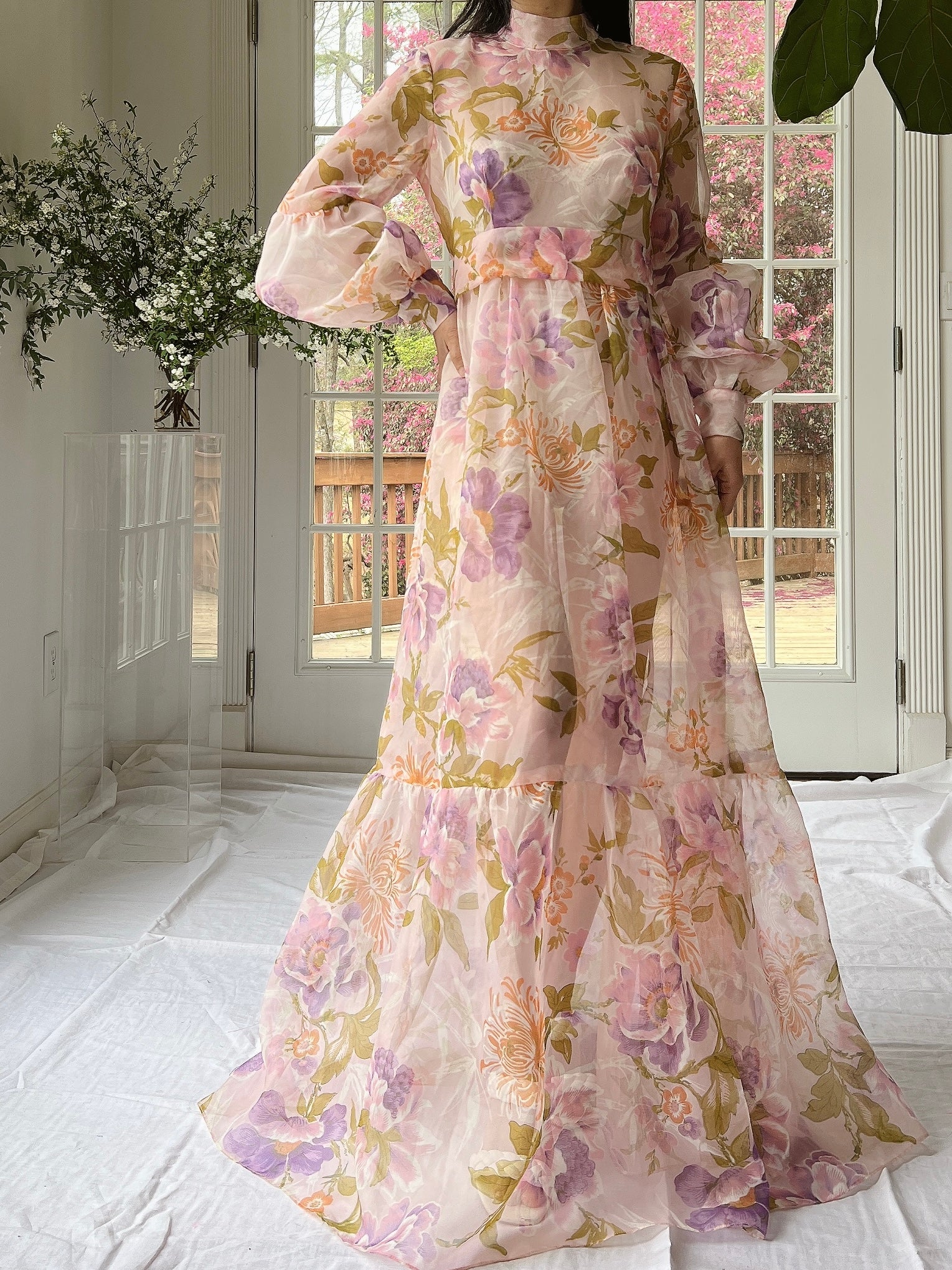 Vintage Sheer Pink Floral Voile Dress - M | G O S S A M E R