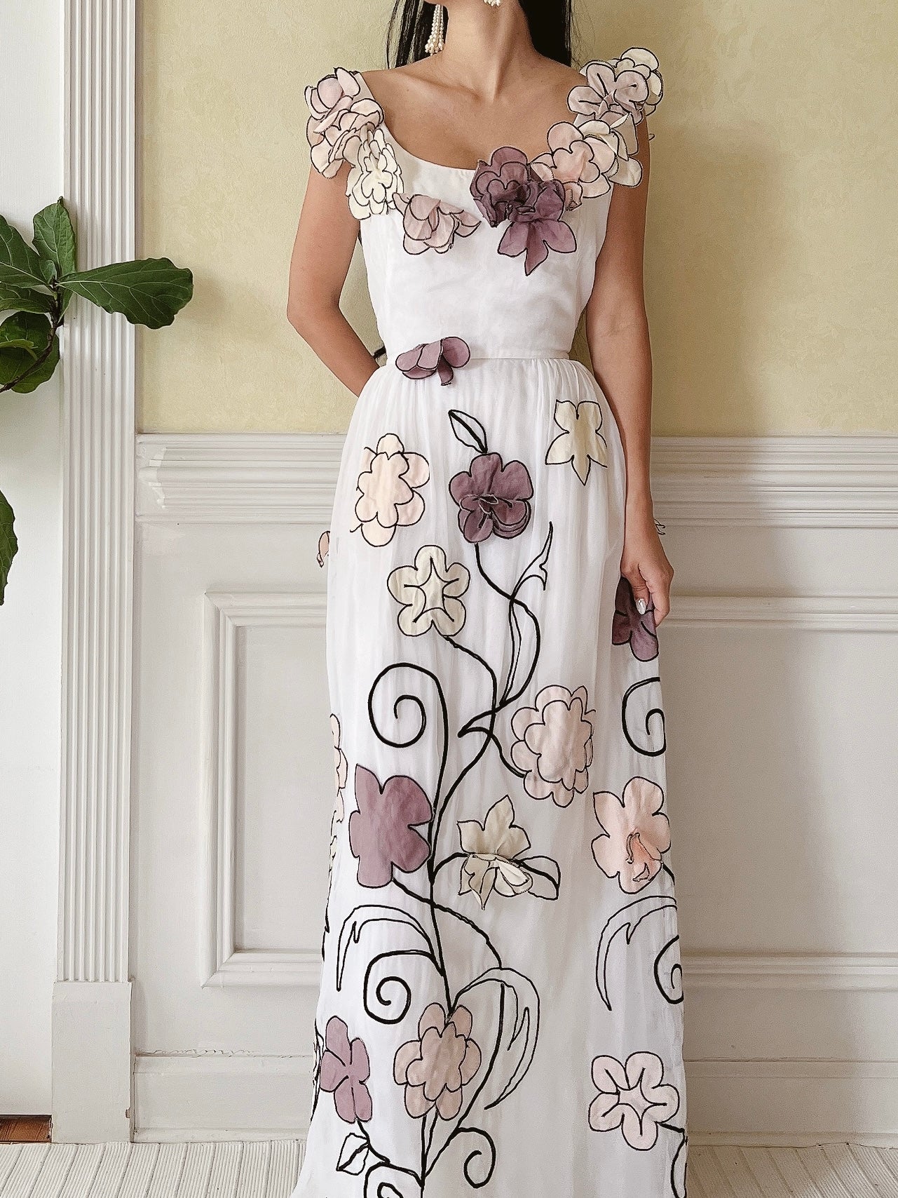 1950s Organdy Floral Appliqué Dress - M