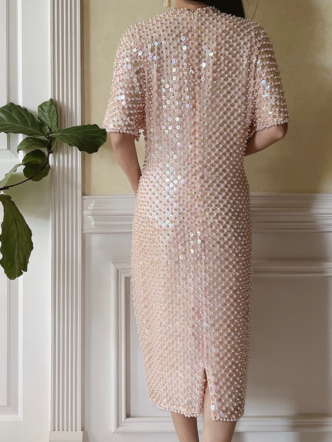 Vintage Shell Pink Pearl/Sequins Dress - M/L