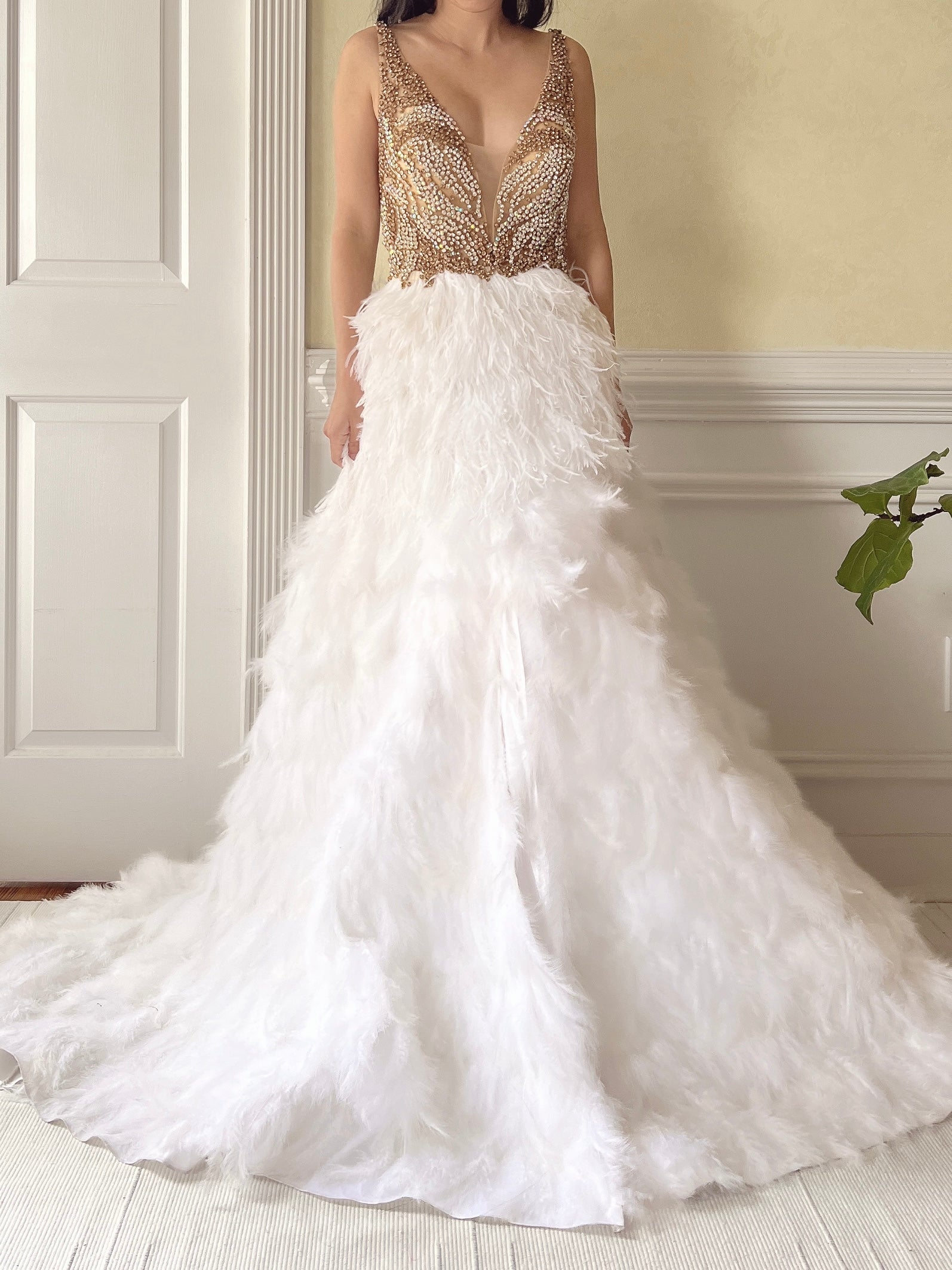 Hand Beaded Feather Gown - S/6 | G O S S A M E R Hand Beaded Feather Gown - S/6 | G O S S A M E R