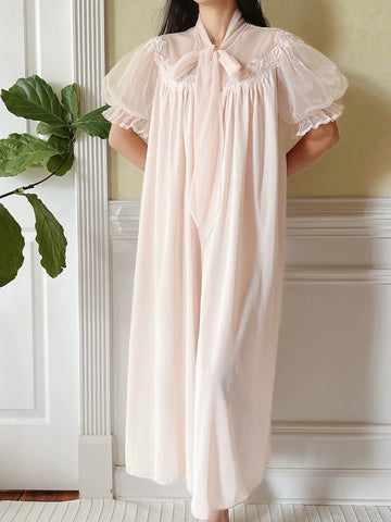 1960s Puff Sleeve Nylon Chiffon Dressing Gown - S/M