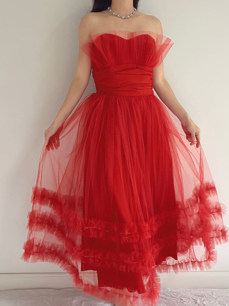 Gorgeous 1950's vintage red tulle and sequin gown