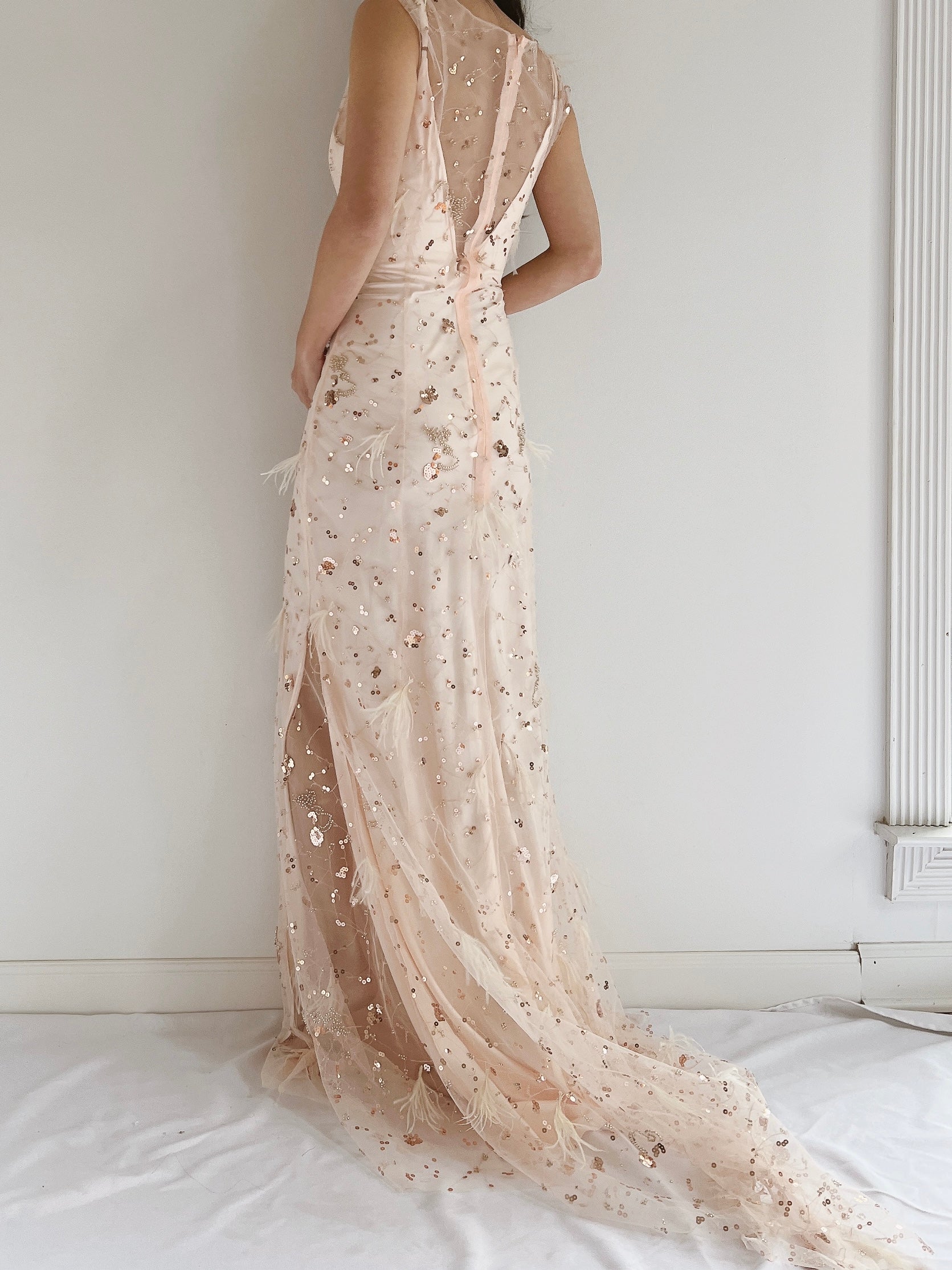 GOSSAMER Tulle Peach Sequins and Feather Gown - S/M