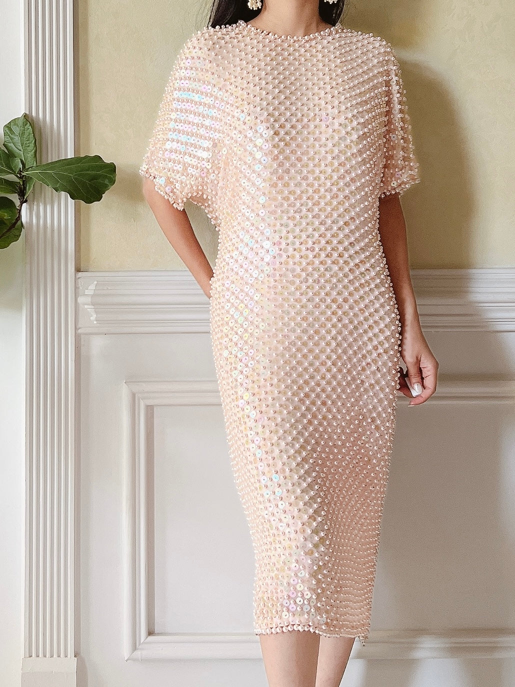 Vintage Shell Pink Pearl/Sequins Dress - M/L