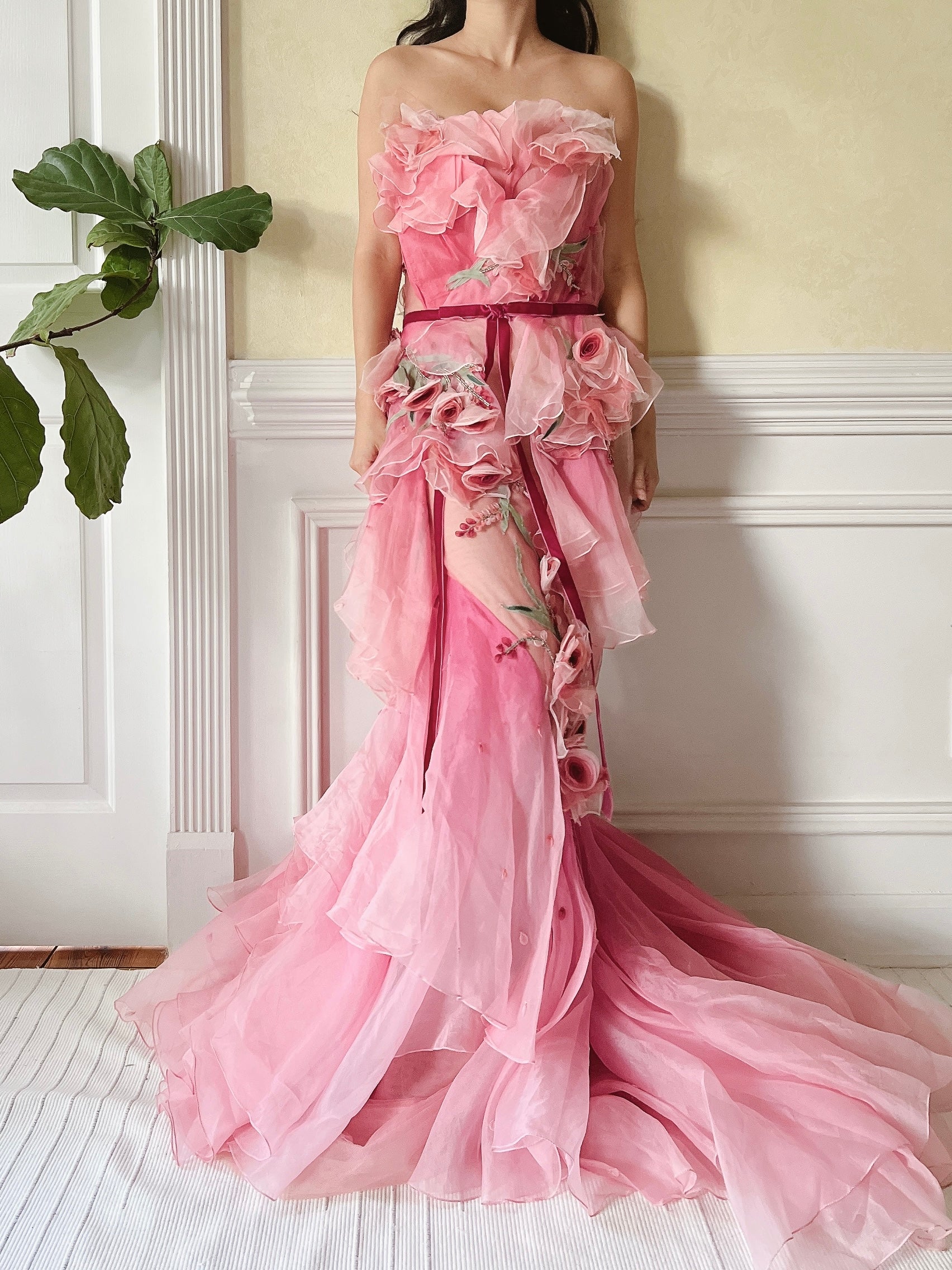 marchesa pink wedding dress Marchesa Ruffled Bow-Embellished Tulle Halterneck Gown