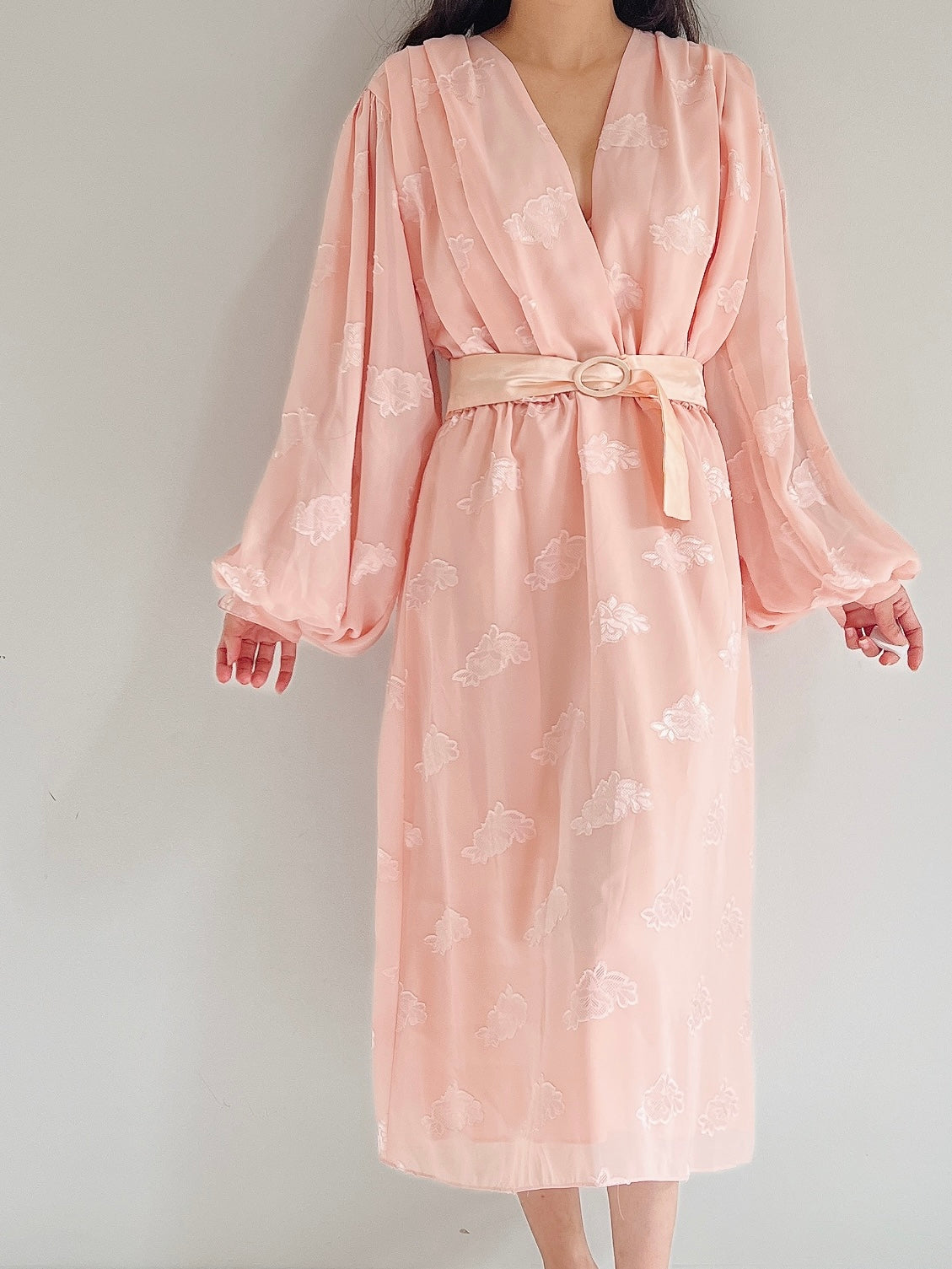 1980s Pink Puffed Sleeves Faux Wrap Dress - M